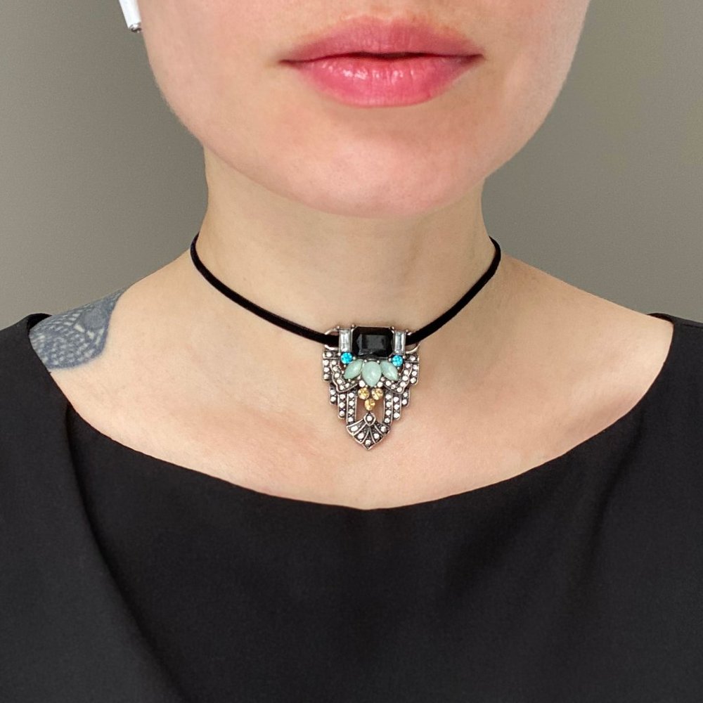 Blue crystal charm choker, thin black velvet lace choker necklace
